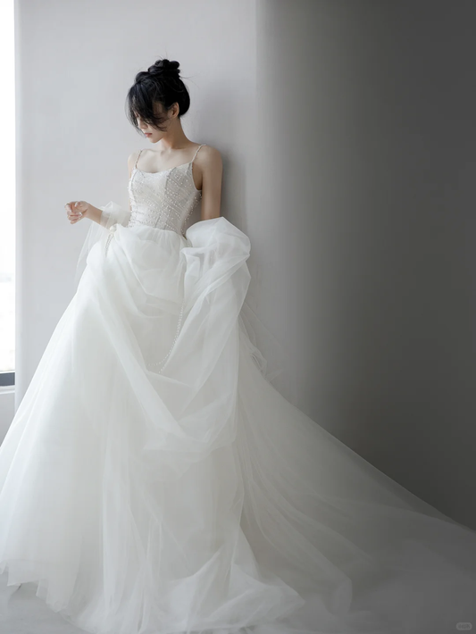 Robe de mariée longue en tulle et perles, jolie robe de bal à bretelles spaghetti, C4173