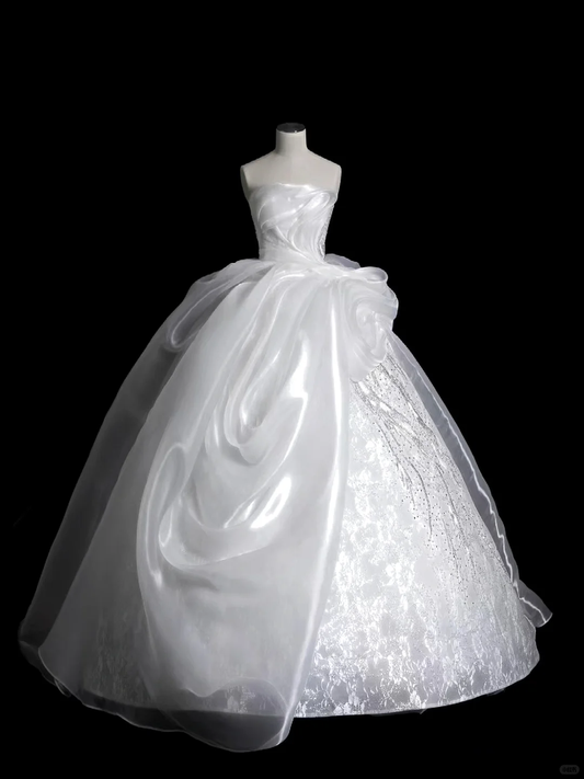 Robe de mariée longue en satin, bustier, dentelle et sequins, élégante, C4175