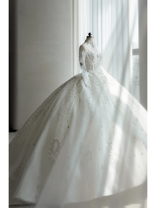 Robe de mariée longue en tulle, paillettes et perles, manches longues, style bal intemporel, C4179