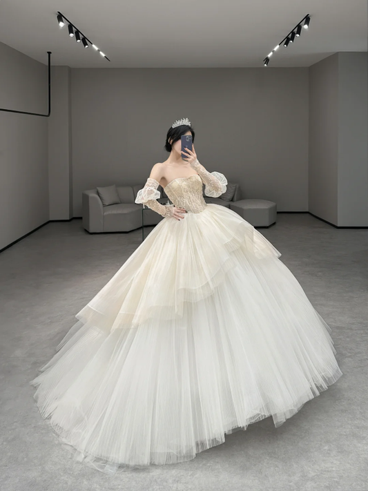 Robe de mariée longue en tulle, sans bretelles, à manches longues et à effet de rêve, C4180