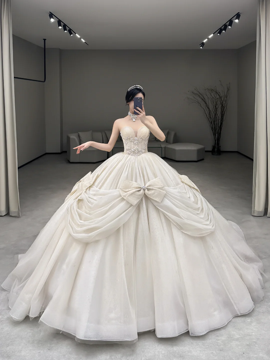 Robe de mariée longue en tulle, bustier et nœud, jolie robe de bal, C4181
