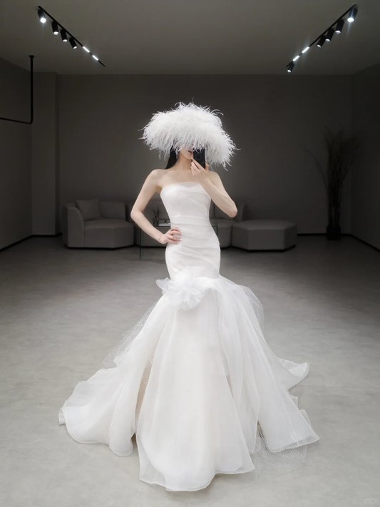 Robe de mariée longue en tulle, style sirène, sans bretelles, chic, C4185