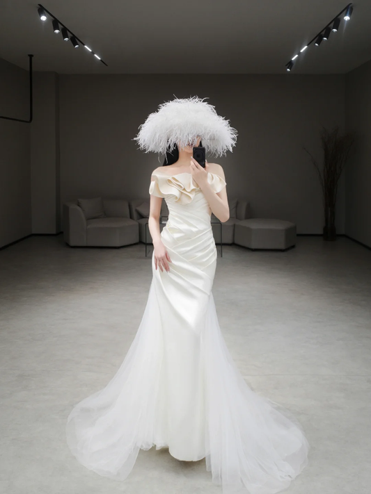 Robe de mariée longue en satin et tulle, style sirène, sans bretelles, élégante, C4186