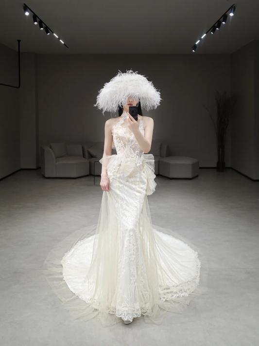 Robe de mariée longue en tulle et dentelle, style sirène, intemporelle, décolleté en V, C4187