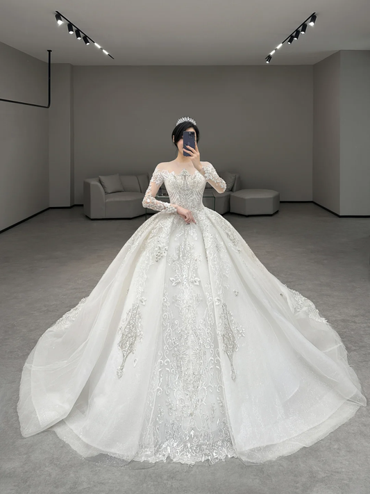 Robe de mariée de rêve à épaules dénudées, en tulle et dentelle, manches longues, C4190