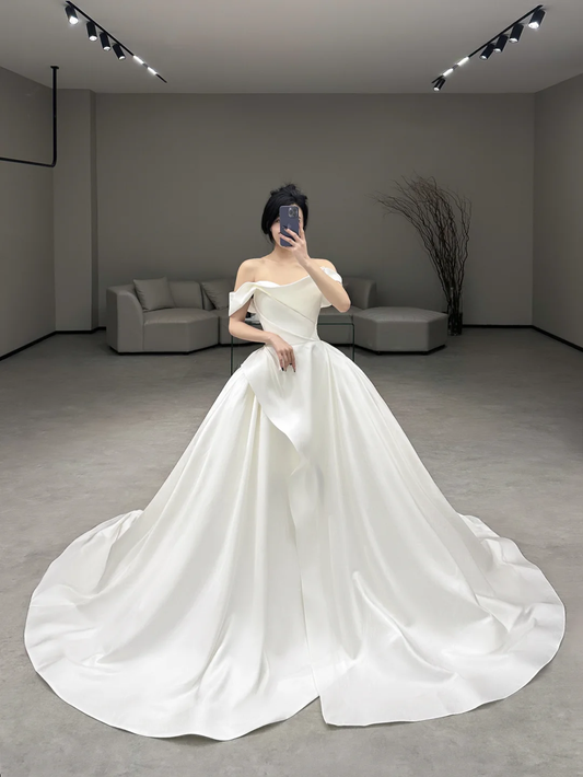 Robe de mariée longue en satin, simple et élégante, épaules dénudées, C4193
