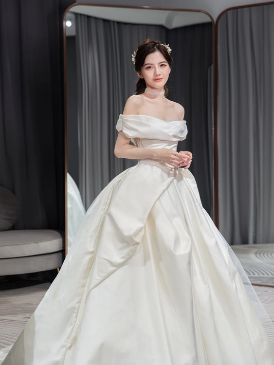 Robe de mariée longue en satin, simple et élégante, épaules dénudées, C4194