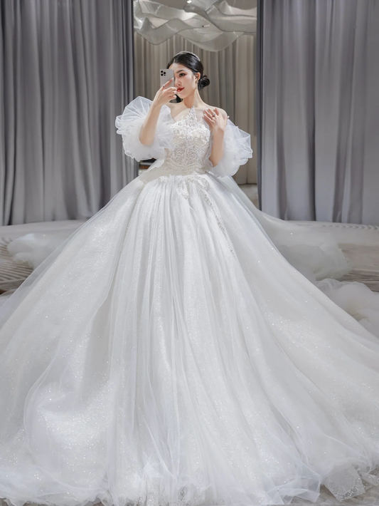 Jolie robe de bal en tulle et dentelle avec appliques, manches courtes, robe de mariée longue C4198