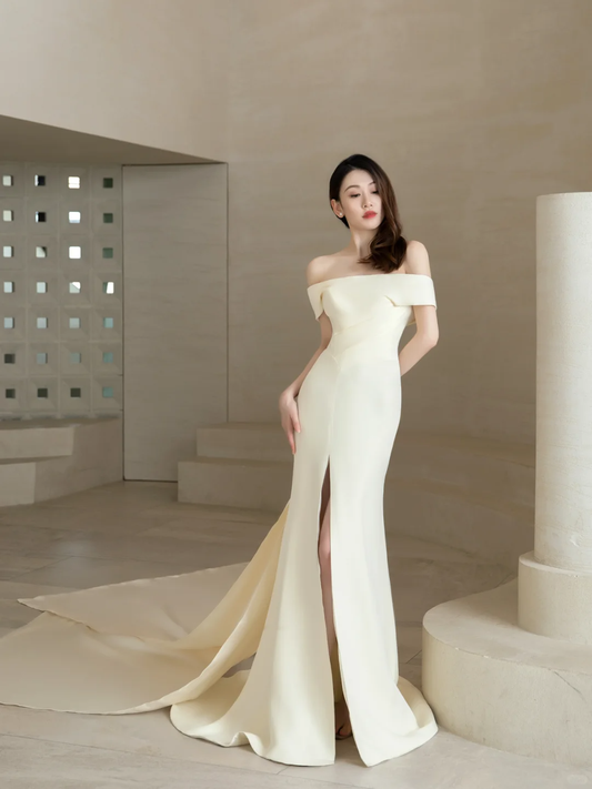 Robe de mariée longue en satin, élégante, épaules dénudées, style sirène, C4199