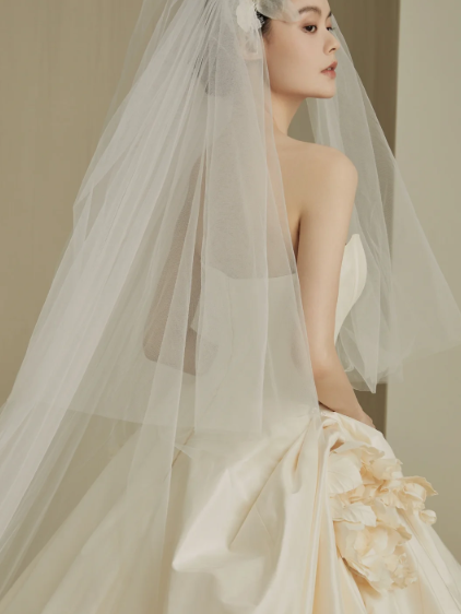 Robe de mariée longue en satin, bustier et voile, effet boule de rêve, C4201