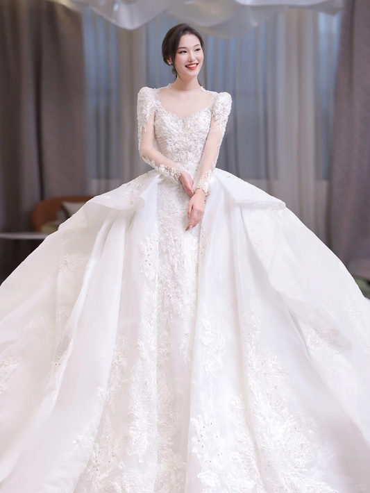 Robe de mariée longue en satin et tulle, intemporelle, avec appliques et perles, manches longues, C4207