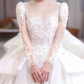 Robe de mariée longue en satin et tulle, intemporelle, avec appliques et perles, manches longues, C4207