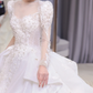 Robe de mariée longue en satin et tulle, intemporelle, avec appliques et perles, manches longues, C4207