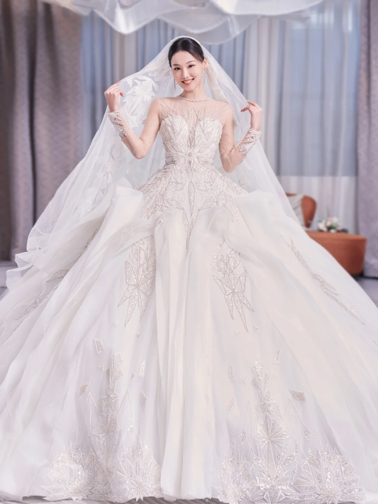 Robe de mariée longue en tulle et dentelle, intemporelle, manches longues et voile, C4211