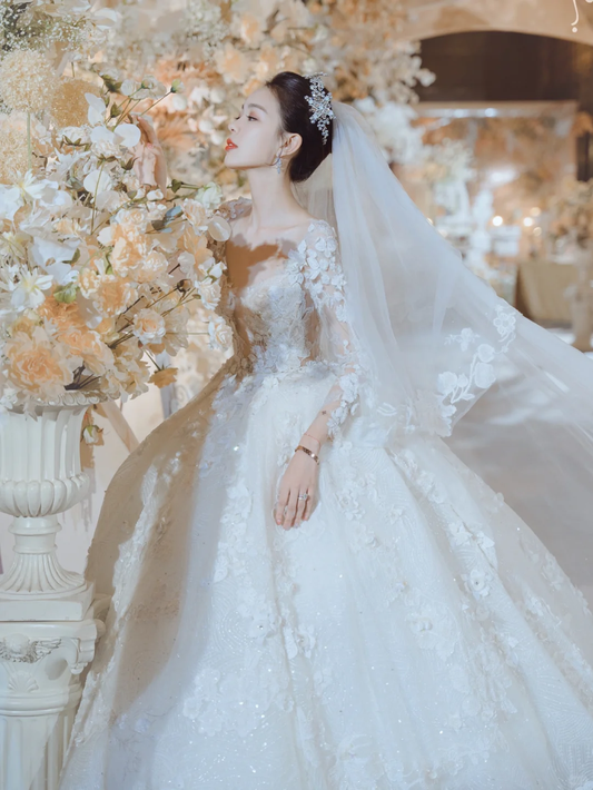 Robe de mariée longue en tulle, manches longues et voile, jolie robe de bal, C4213