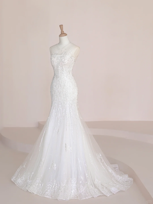 Superbe robe de mariée sirène longue en tulle et dentelle à paillettes C4216