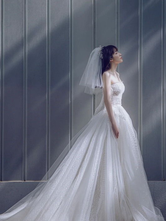 Robe de mariée longue en tulle, bustier, avec appliques et voile, style unique, C4217