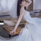 Robe de mariée longue en tulle, bustier, avec appliques et voile, style unique, C4217