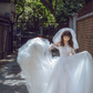 Robe de mariée longue en tulle, bustier, avec appliques et voile, style unique, C4217