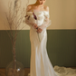 Robe de mariée sirène chic à épaules dénudées en satin et tulle, manches longues, C4218