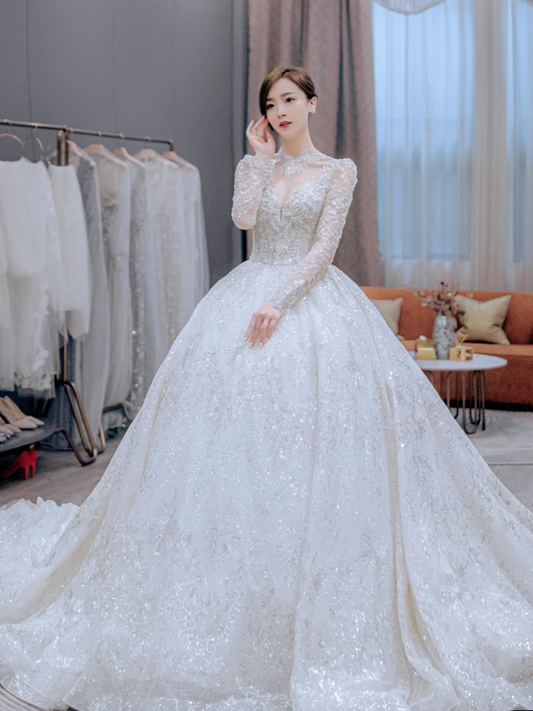 Robe de mariée longue en tulle, dentelle et sequins, manches longues, style bal intemporel, C4223