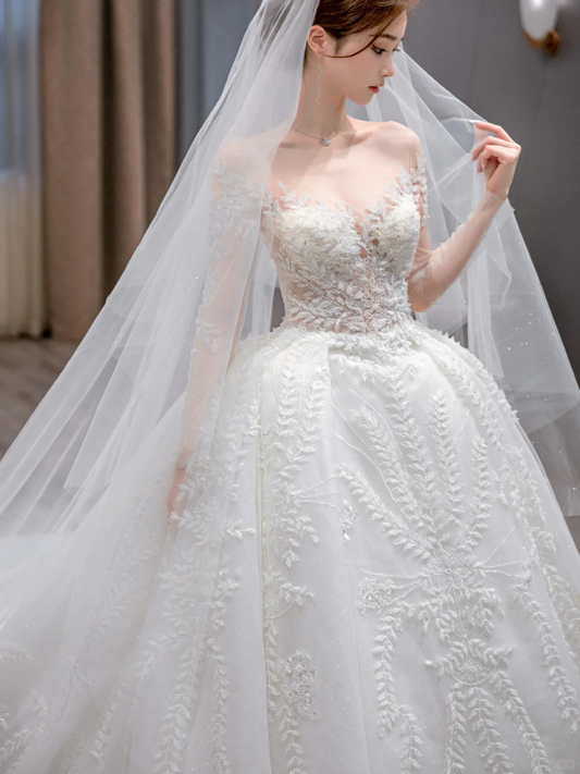 Robe de mariée longue en tulle à manches longues et voile, effet d'illusion, C4226