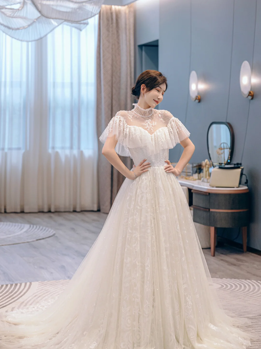 Jolie robe de mariée longue en tulle et dentelle C4227