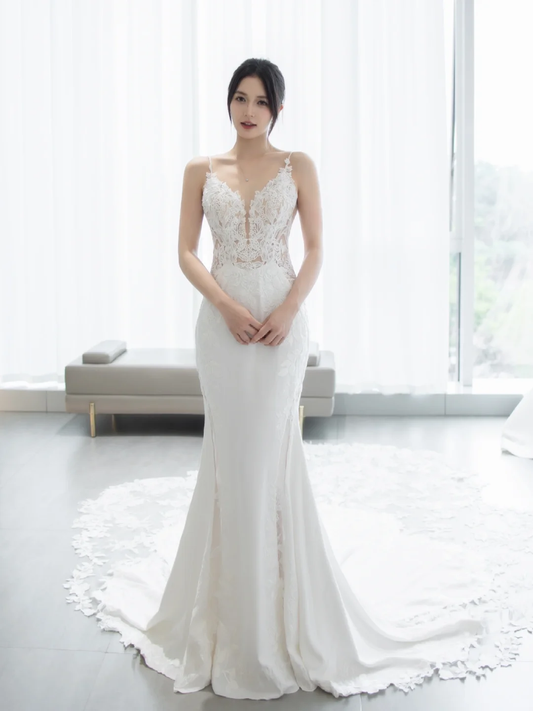Robe de mariée longue en satin et dentelle, style sirène, bretelles spaghetti, intemporelle, C4229