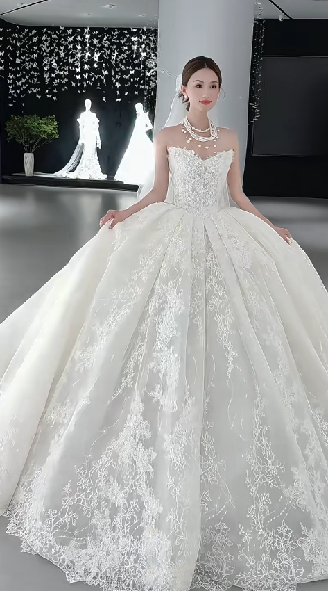 Robe de mariée longue en tulle et dentelle, sans bretelles, style bal intemporel, avec voile, C4230