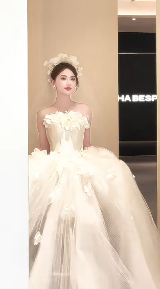 Robe de mariée longue en satin et tulle, bustier, avec appliques et voile, C4232