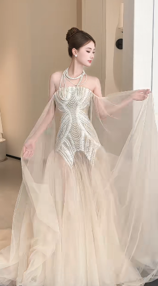 Robe de mariée longue en tulle, sans bretelles, style sirène, avec perles et dentelle, C4233