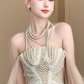 Robe de mariée longue en tulle, sans bretelles, style sirène, avec perles et dentelle, C4233