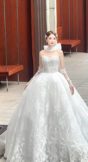 Robe de mariée longue en tulle et dentelle, sans bretelles, avec voile et manches, C4234
