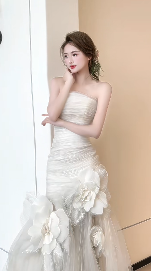 Unique Mermaid Strapless Tulle Flowers Applqiue Long Wedding Dresses C4235
