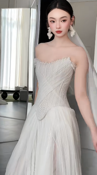 Elegant A Line Strapless Chiffon Tulle With Veil Long Wedding Dresses C4237