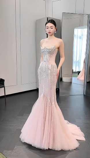 Robe de mariée longue intemporelle en tulle, sequins et perles, style sirène, sans manches, C4238
