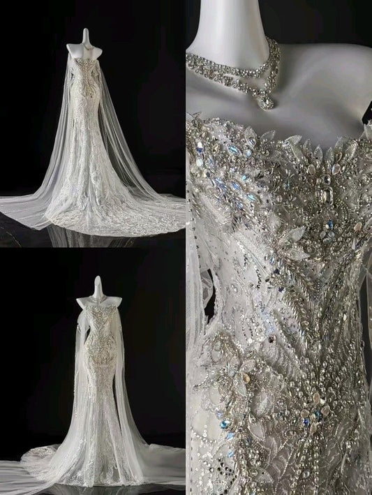 Superbe robe de mariée sirène longue sans bretelles en tulle, dentelle, paillettes et perles C4244