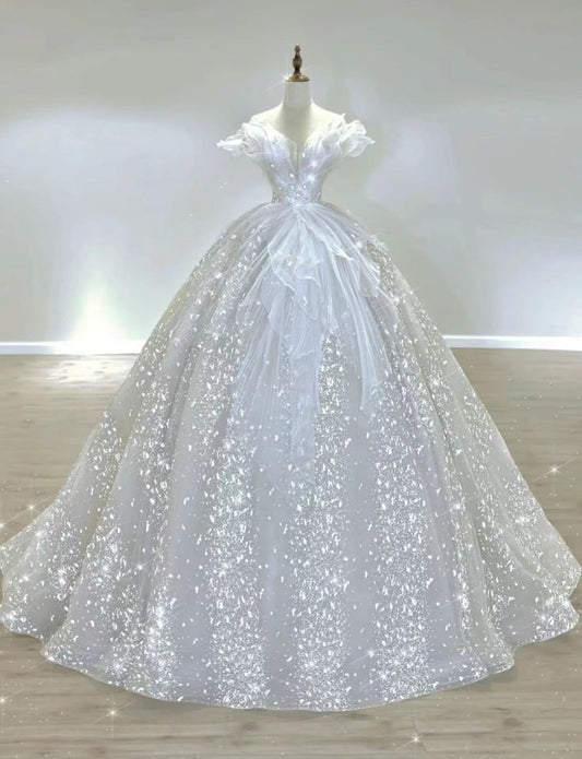 Robe de mariée longue en mousseline de soie et tulle à paillettes, sans bretelles, C4245