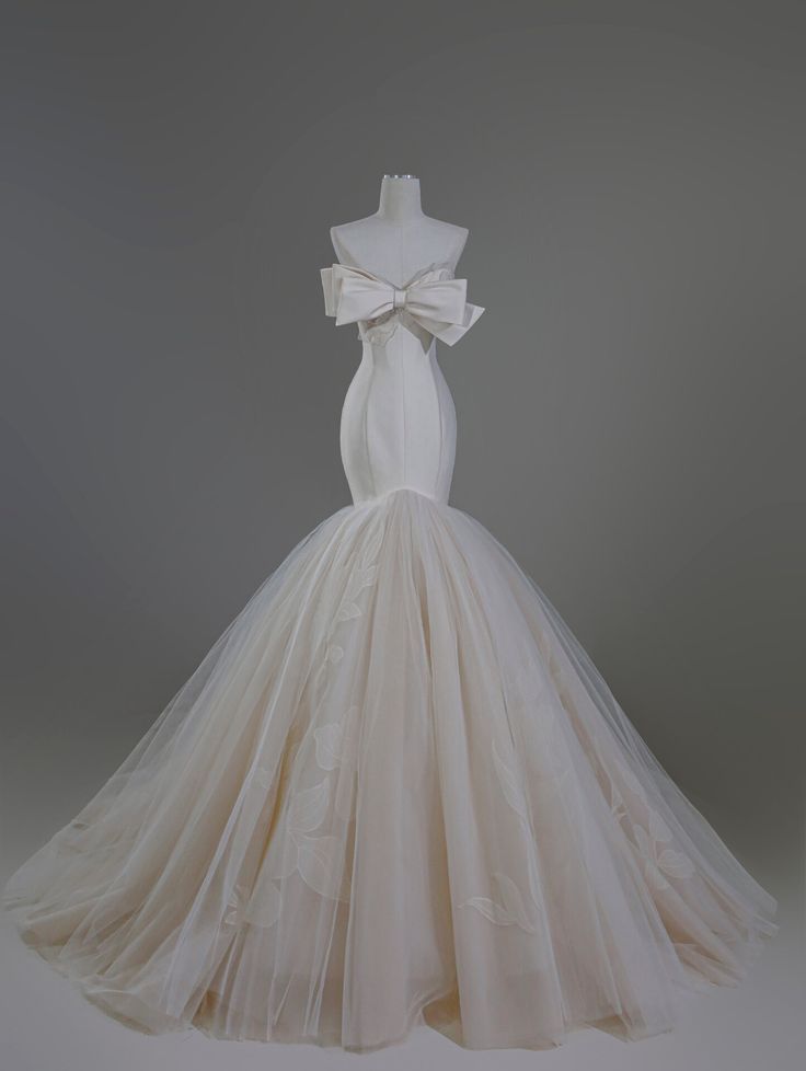 Dreamy Mermaid Strapless Satin Tulle Bow Long Wedding Dresses C4248