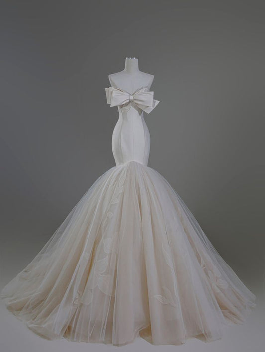 Robe de mariée sirène bustier en satin et tulle, longue et élégante, avec nœud, C4248