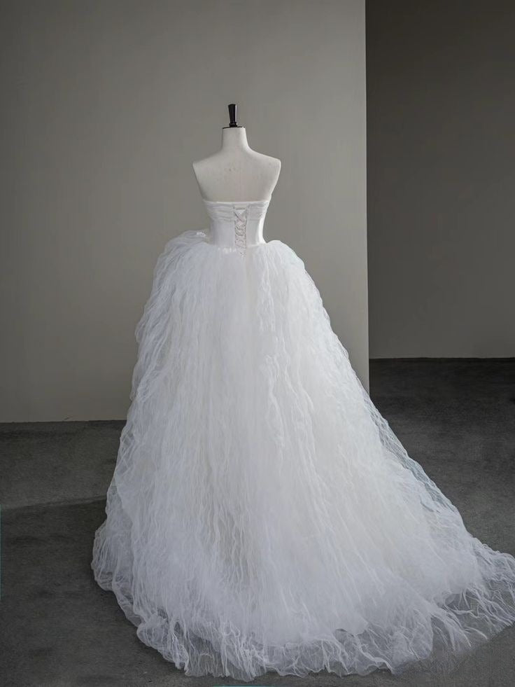 Unique Ball Gown Strapless Satin Tulle Long Wedding Dresses C4249