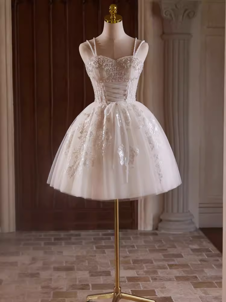 Cute Ball Gown Straps Beads Party Dress White Homecoming Dresses C424 BlingDress Cute Ball Gown Straps Beads Party Dress White Homecoming Dresses C424 BlingDress