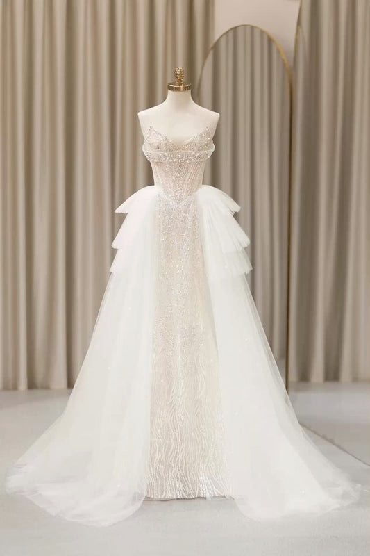 Robe de mariée longue élégante en tulle, dentelle et sequins, style sirène, sans bretelles, C4257
