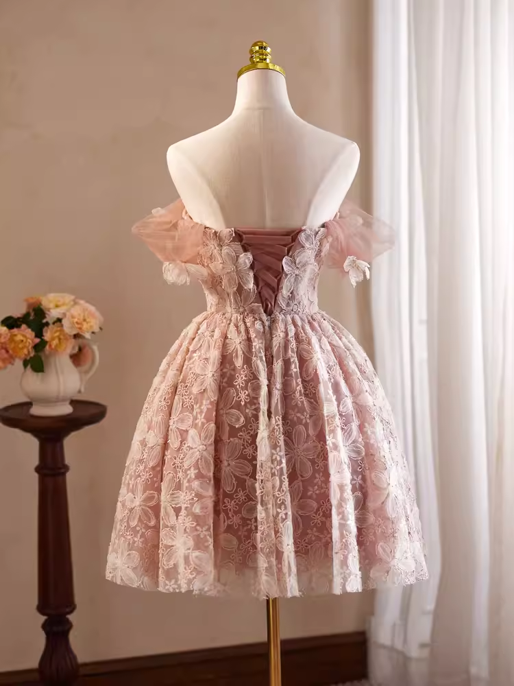 Robe de bal mignonne en dentelle rose, épaules dénudées, robe de soirée, robes de soirée, C425