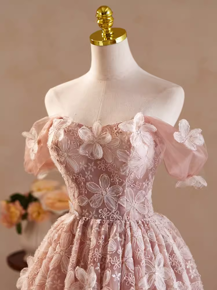 Robe de bal mignonne en dentelle rose, épaules dénudées, robe de soirée, robes de soirée, C425