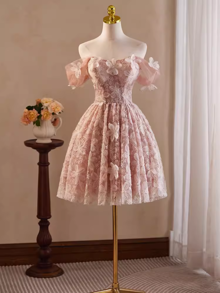 Robe de bal mignonne en dentelle rose, épaules dénudées, robe de soirée, robes de soirée, C425