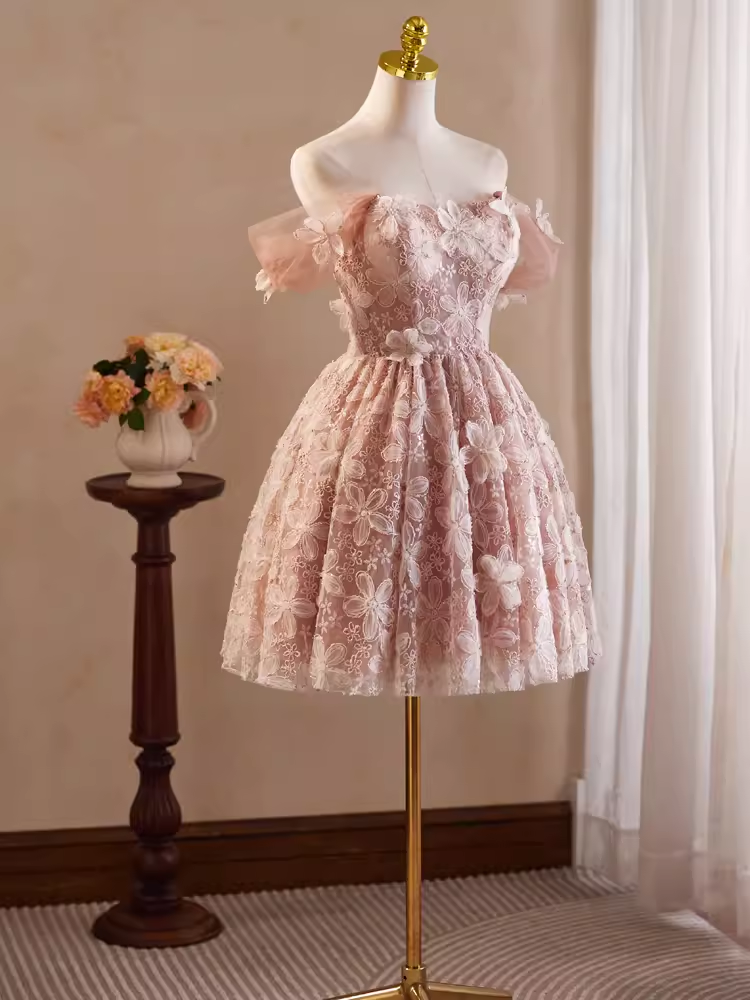 Robe de bal mignonne en dentelle rose, épaules dénudées, robe de soirée, robes de soirée, C425