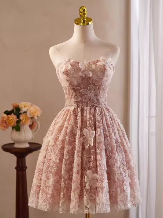 Robe de bal mignonne en dentelle rose, épaules dénudées, robe de soirée, robes de soirée, C425