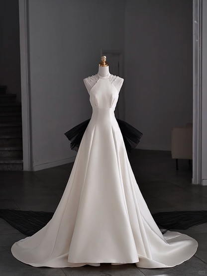 Dreamy A Line Halter Satin Tulle Back With Bow Long Wedding Dresses C4261