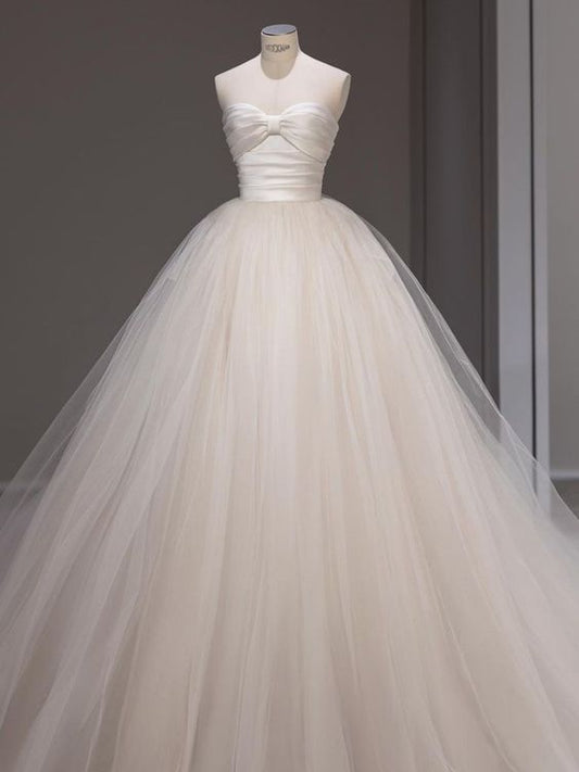 Robe de mariée longue en satin et tulle, sans bretelles, style robe de bal chic, C4263
